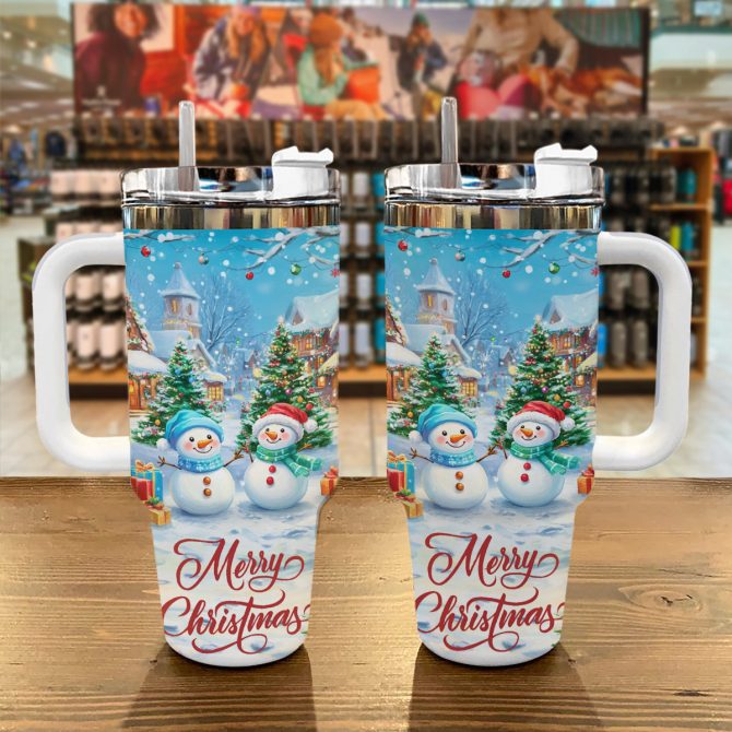 Merry Christmas Snowman Custom Stanley Quencher 40oz Stainless Steel Tumbler With Handle - Image 2