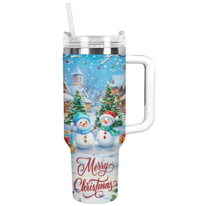 Merry Christmas Snowman Custom Stanley Quencher 40oz Stainless Steel Tumbler With Handle