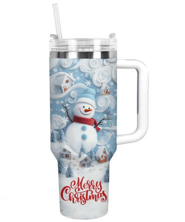 Merry Christmas Snowman Custom Stanley Quencher 40oz Stainless Steel Tumbler With Handle