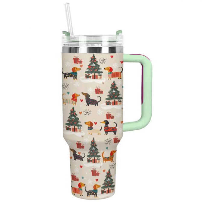 Merry Dachshund Joy Christmas Custom Stanley Quencher 40oz Stainless Steel Tumbler With Handle - Image 3