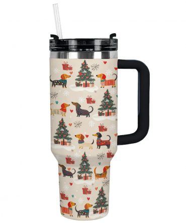 Merry Dachshund Joy Christmas Custom Stanley Quencher 40oz Stainless Steel Tumbler With Handle