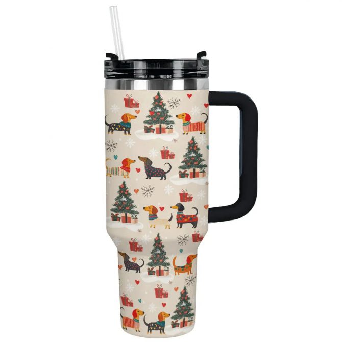 Merry Dachshund Joy Christmas Custom Stanley Quencher 40oz Stainless Steel Tumbler With Handle