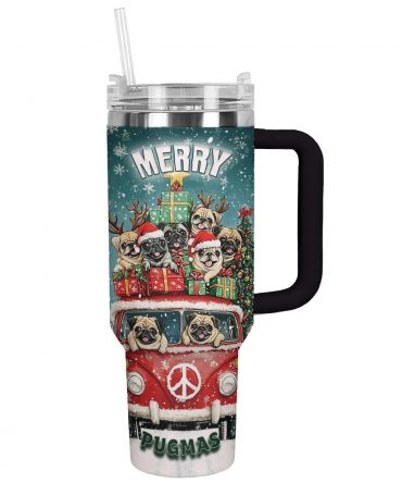 Merry Pugmas Christmas Custom Stanley Quencher 40oz Stainless Steel Tumbler With Handle