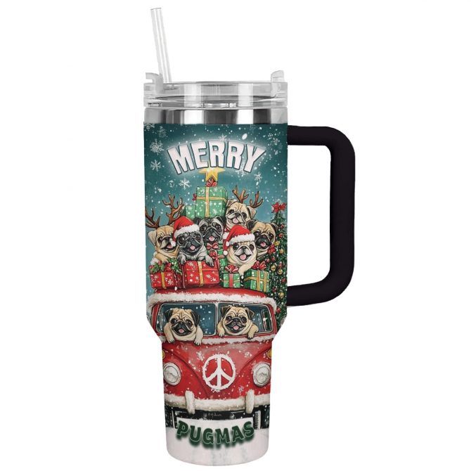 Merry Pugmas Christmas Custom Stanley Quencher 40oz Stainless Steel Tumbler With Handle