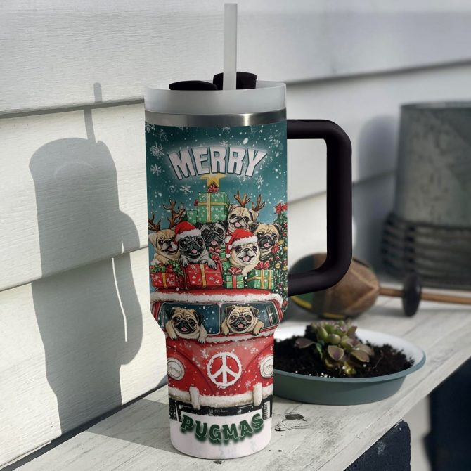 Merry Pugmas Christmas Custom Stanley Quencher 40oz Stainless Steel Tumbler With Handle - Image 2