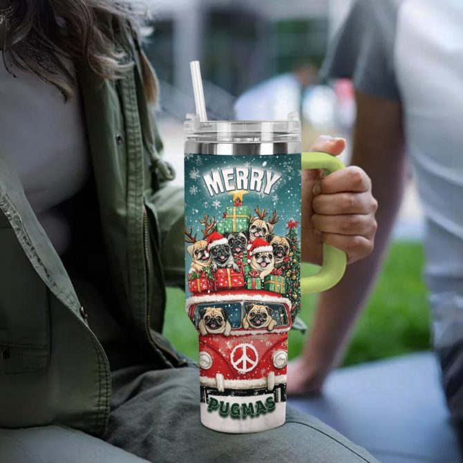 Merry Pugmas Christmas Custom Stanley Quencher 40oz Stainless Steel Tumbler With Handle - Image 3