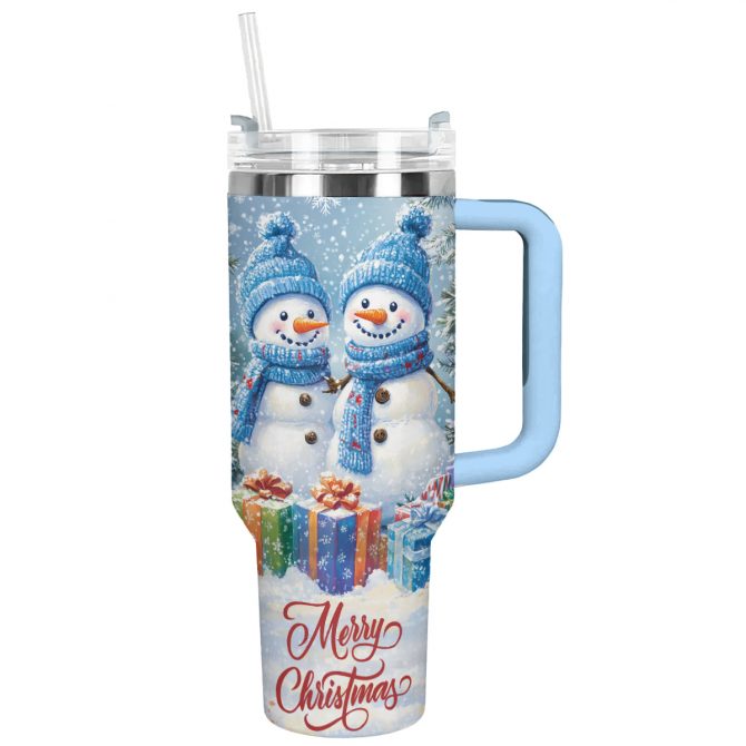 Merry Snowman Christmas Custom Stanley Quencher 40oz Stainless Steel Tumbler With Handle