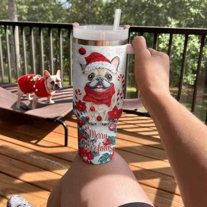 Merry Woofmas Frenchie Bulldog Christmas Custom Stanley Quencher 40oz Stainless Steel Tumbler With Handle - Image 3