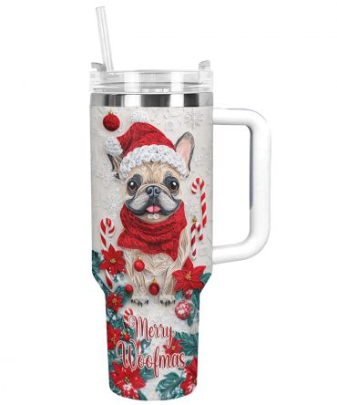 Merry Woofmas Frenchie Bulldog Christmas Custom Stanley Quencher 40oz Stainless Steel Tumbler With Handle