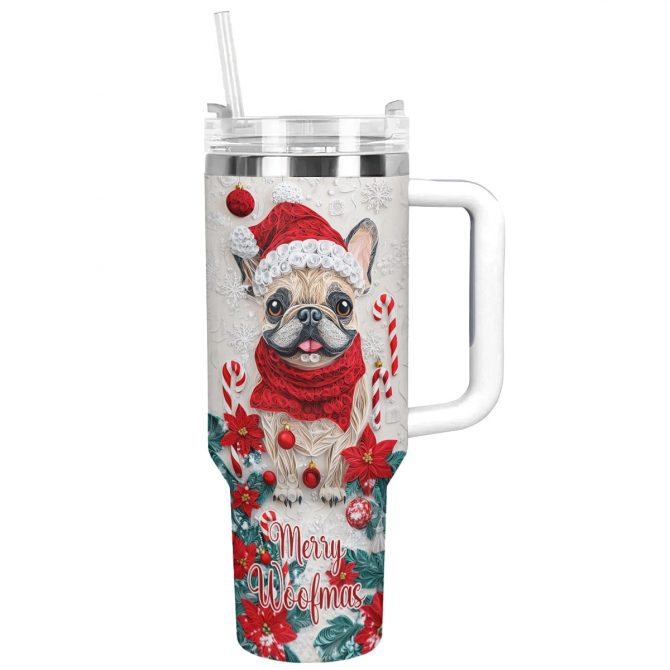 Merry Woofmas Frenchie Bulldog Christmas Custom Stanley Quencher 40oz Stainless Steel Tumbler With Handle
