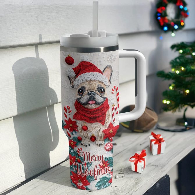 Merry Woofmas Frenchie Bulldog Christmas Custom Stanley Quencher 40oz Stainless Steel Tumbler With Handle - Image 2