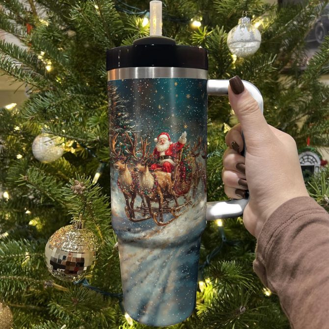 Mery Christmas Santa‚Äôs Sleigh Ride Custom Stanley Quencher 40oz Stainless Steel Tumbler With Handle - Image 3