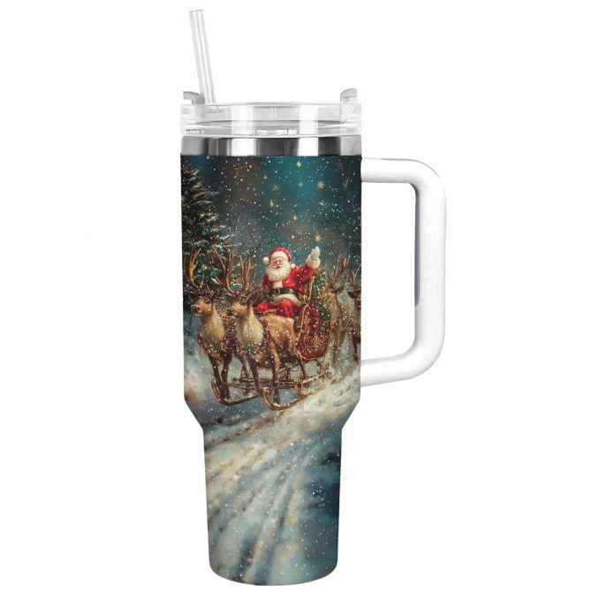 Mery Christmas Santa‚Äôs Sleigh Ride Custom Stanley Quencher 40oz Stainless Steel Tumbler With Handle
