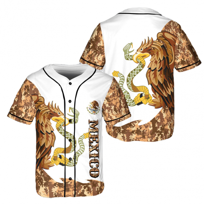 Stylish Mexico Eagle Baseball Jersey - Camo Design, Men'S Short Sleeve