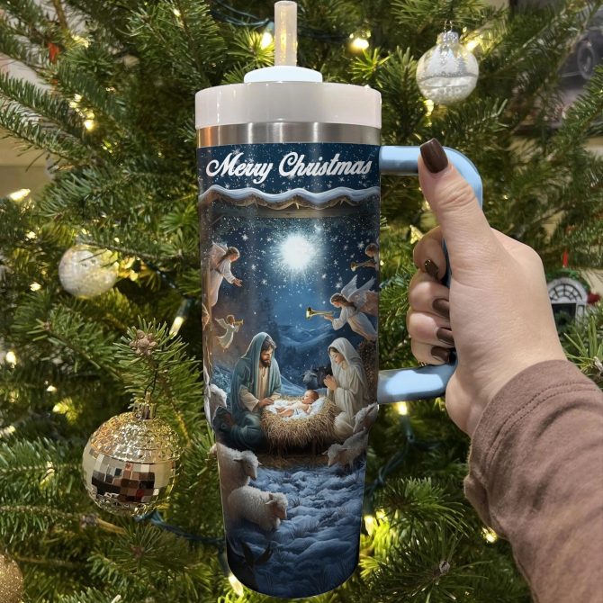 Nativity Blessing Silence Night Christmas Custom Stanley Quencher 40oz Stainless Steel Tumbler With Handle - Image 2