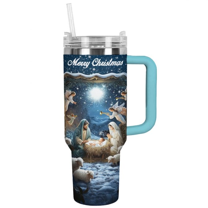 Nativity Blessing Silence Night Christmas Custom Stanley Quencher 40oz Stainless Steel Tumbler With Handle