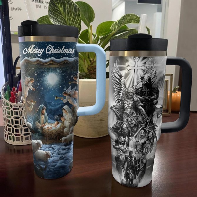 Nativity Blessing Silence Night Christmas Custom Stanley Quencher 40oz Stainless Steel Tumbler With Handle - Image 3