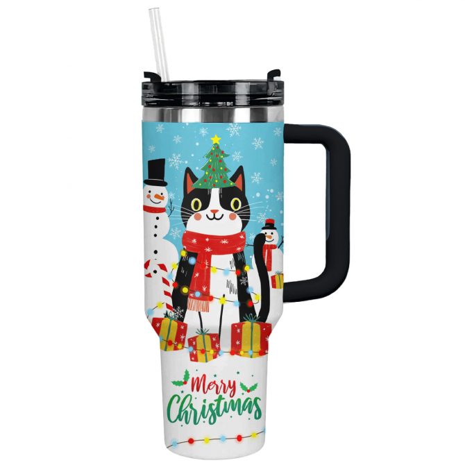 Naughty Cat With Christmas Light Custom Stanley Quencher 40oz Stainless Steel Tumbler With Handle