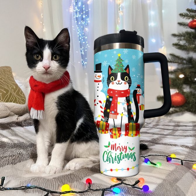Naughty Cat With Christmas Light Custom Stanley Quencher 40oz Stainless Steel Tumbler With Handle - Image 2