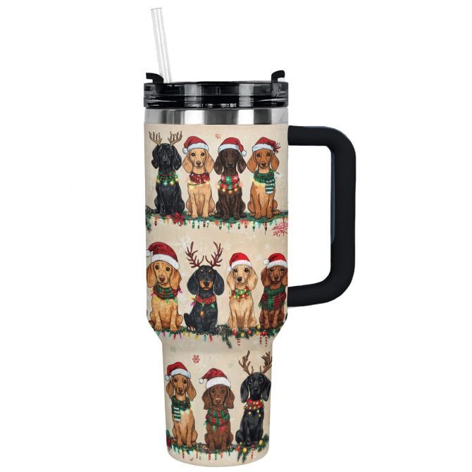 Christmas Dachshund Party Custom Stanley Quencher 40oz Stainless Steel Tumbler With Handle