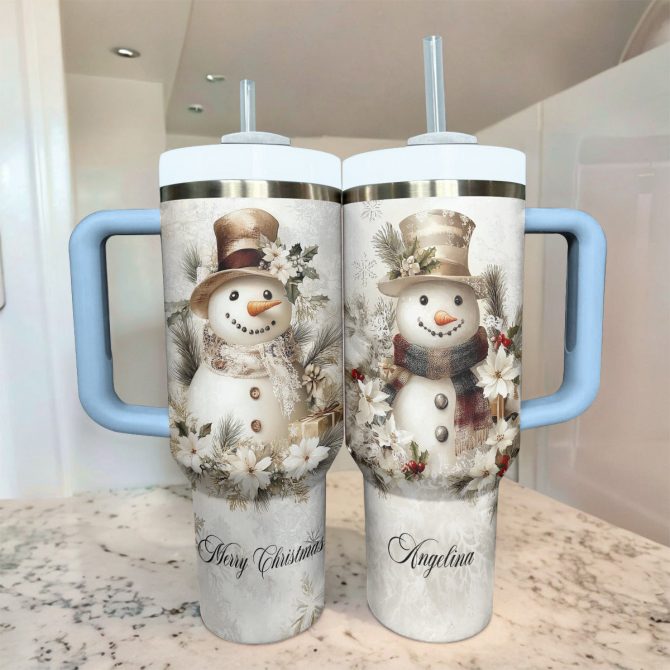 Pesonalized Yellow Snowman Christmas Custom Stanley Quencher 40oz Stainless Steel Tumbler With Handle - Image 3