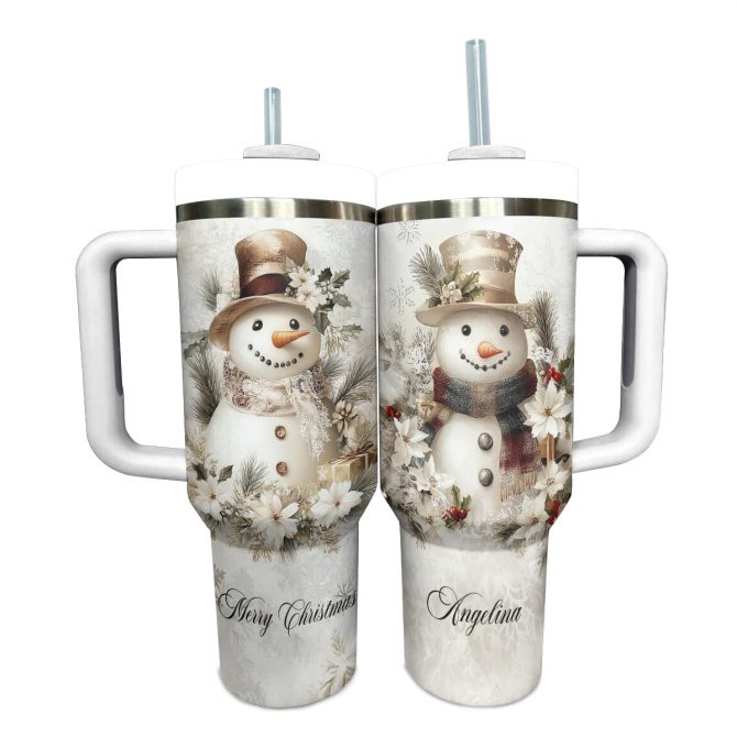 Pesonalized Yellow Snowman Christmas Custom Stanley Quencher 40oz Stainless Steel Tumbler With Handle