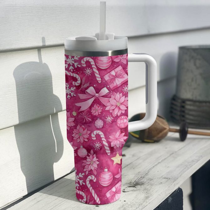 Pink Christmas Custom Stanley Quencher 40oz Stainless Steel Tumbler With Handle - Image 3