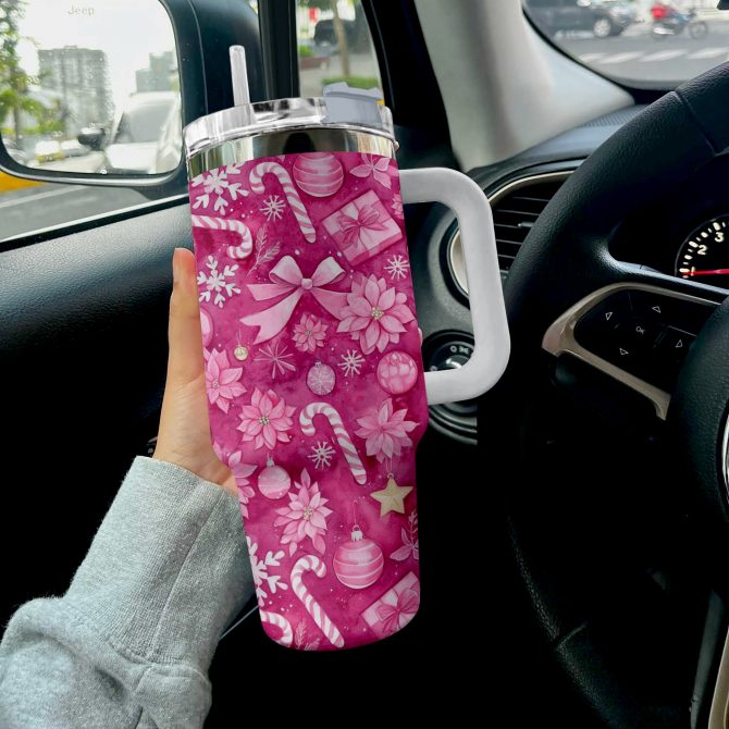 Pink Christmas Custom Stanley Quencher 40oz Stainless Steel Tumbler With Handle - Image 2