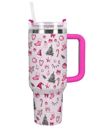 Pink Christmas Wonderland Custom Stanley Quencher 40oz Stainless Steel Tumbler With Handle
