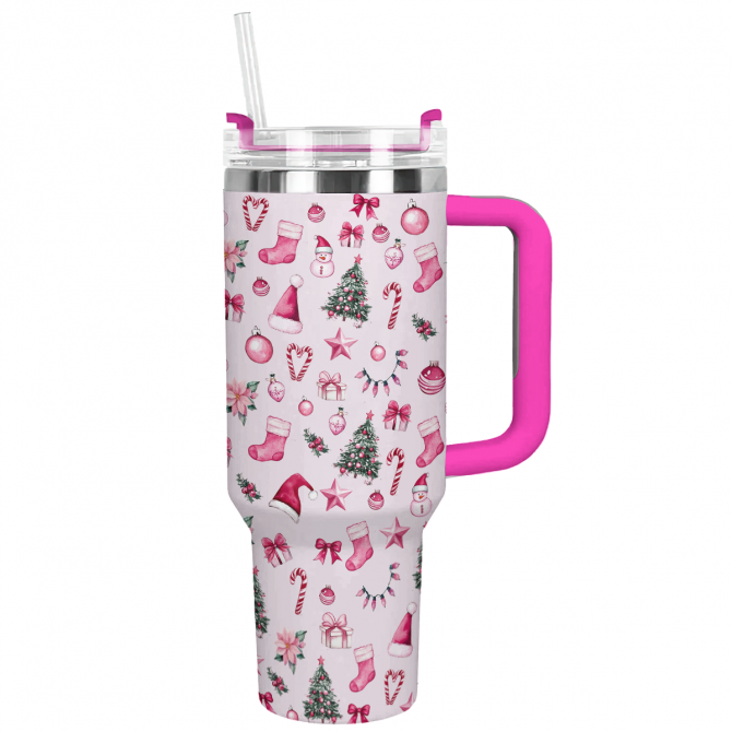 Pink Christmas Wonderland Custom Stanley Quencher 40oz Stainless Steel Tumbler With Handle