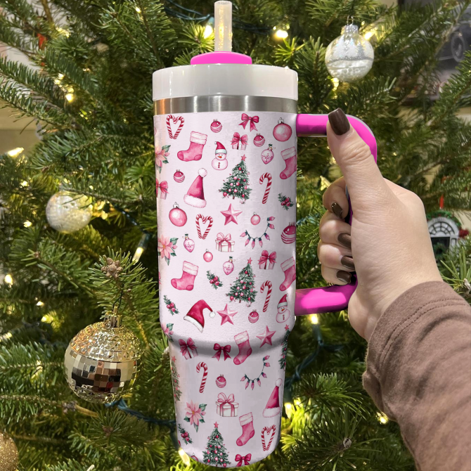 Pink Christmas Wonderland Custom Stanley Quencher 40oz Stainless Steel Tumbler With Handle - Image 2