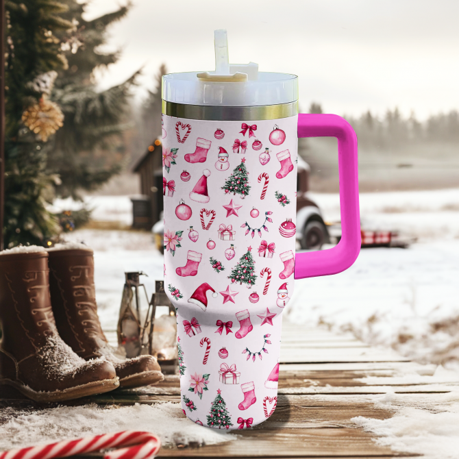 Pink Christmas Wonderland Custom Stanley Quencher 40oz Stainless Steel Tumbler With Handle - Image 3