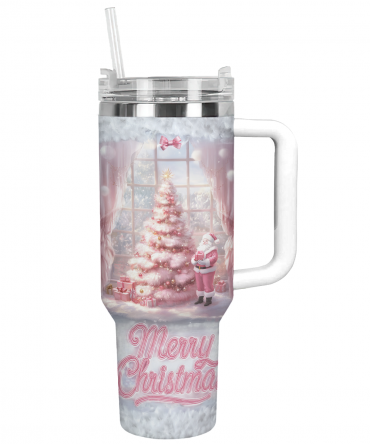 Pink Pinetree Christmas Custom Stanley Quencher 40oz Stainless Steel Tumbler With Handle