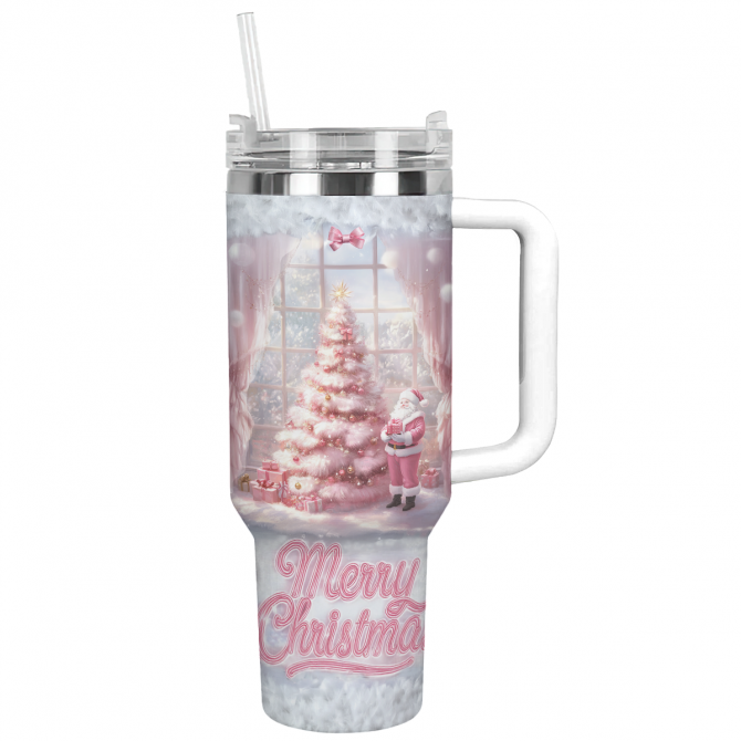Pink Pinetree Christmas Custom Stanley Quencher 40oz Stainless Steel Tumbler With Handle