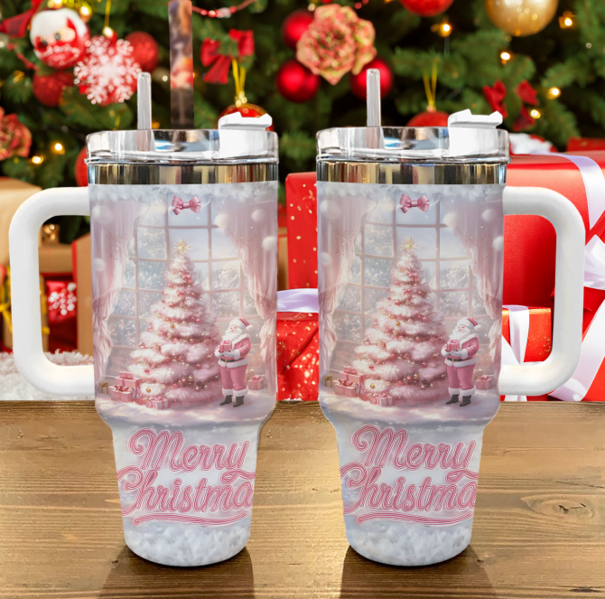 Pink Pinetree Christmas Custom Stanley Quencher 40oz Stainless Steel Tumbler With Handle - Image 2