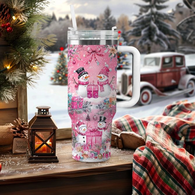 Pink Snowman Christmas Custom Stanley Quencher 40oz Stainless Steel Tumbler With Handle - Image 3
