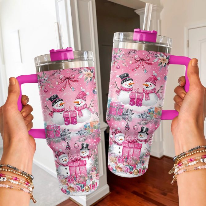 Pink Snowman Christmas Custom Stanley Quencher 40oz Stainless Steel Tumbler With Handle - Image 2