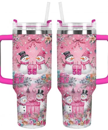 Pink Snowman Christmas Custom Stanley Quencher 40oz Stainless Steel Tumbler With Handle