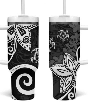 Polynesia Black Tribal Turtle Floral Custom Stanley Quencher 40oz Stainless Steel Tumbler With Handle