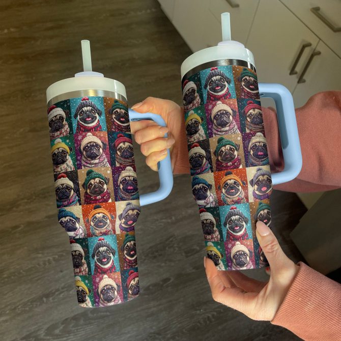 Pug Cozy Winter Christmas Custom Stanley Quencher 40oz Stainless Steel Tumbler With Handle - Image 2