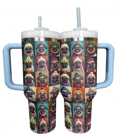 Pug Cozy Winter Christmas Custom Stanley Quencher 40oz Stainless Steel Tumbler With Handle