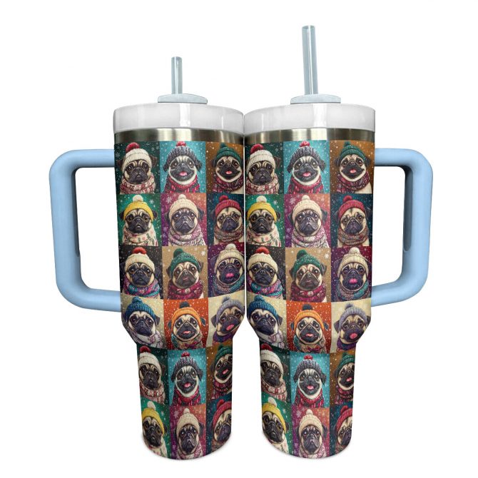 Pug Cozy Winter Christmas Custom Stanley Quencher 40oz Stainless Steel Tumbler With Handle