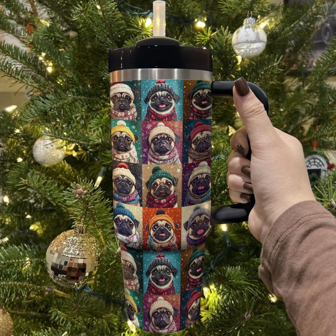 Pug Cozy Winter Christmas Custom Stanley Quencher 40oz Stainless Steel Tumbler With Handle - Image 3