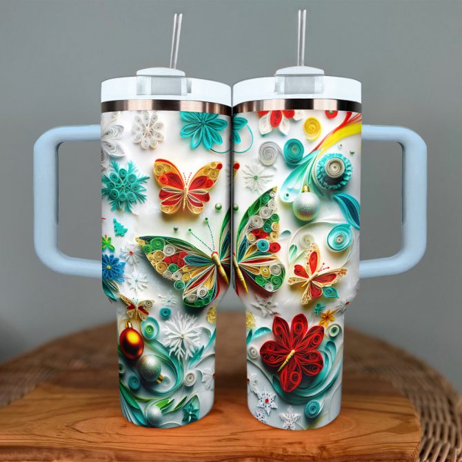 Quilled Winter Wonderland Butterfly Christmas Custom Stanley Quencher 40oz Stainless Steel Tumbler With Handle - Image 3