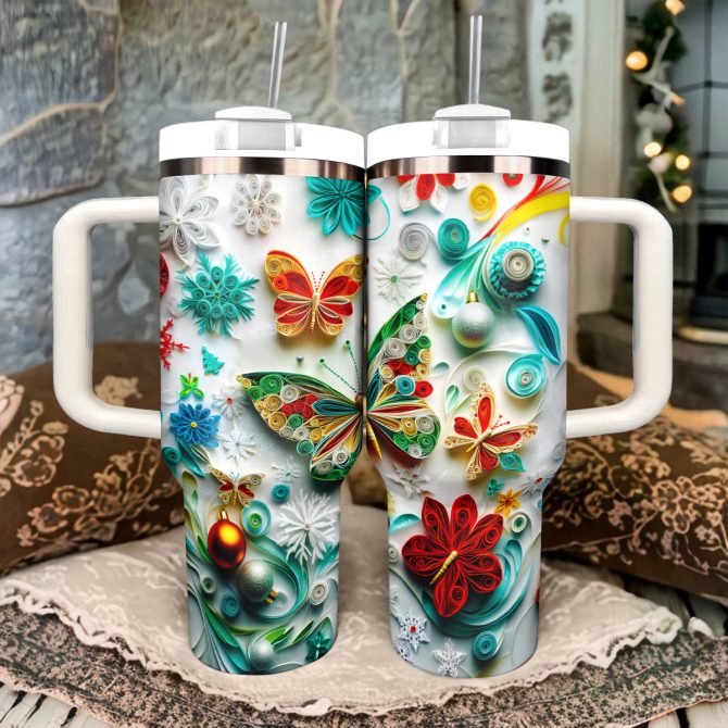 Quilled Winter Wonderland Butterfly Christmas Custom Stanley Quencher 40oz Stainless Steel Tumbler With Handle - Image 2