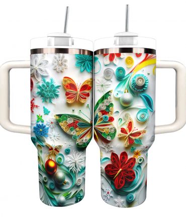 Quilled Winter Wonderland Butterfly Christmas Custom Stanley Quencher 40oz Stainless Steel Tumbler With Handle