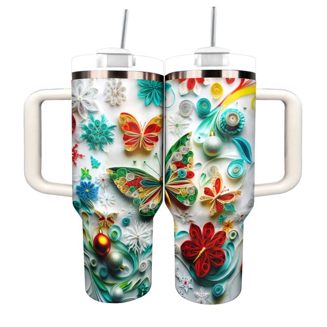 Quilled Winter Wonderland Butterfly Christmas Custom Stanley Quencher 40oz Stainless Steel Tumbler With Handle