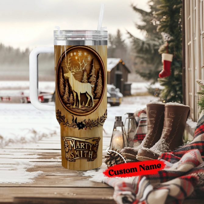 Reindeer Woodcut Christmas Custom Stanley Quencher 40oz Stainless Steel Tumbler With Handle - Image 3