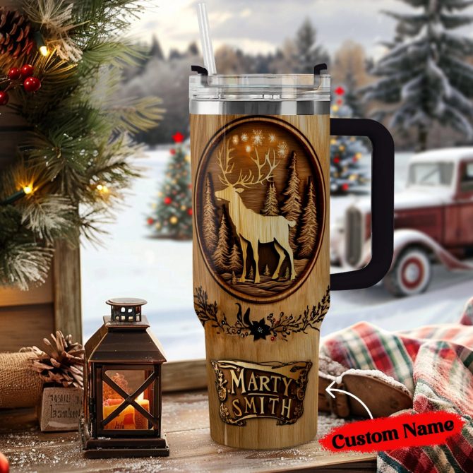 Reindeer Woodcut Christmas Custom Stanley Quencher 40oz Stainless Steel Tumbler With Handle - Image 2