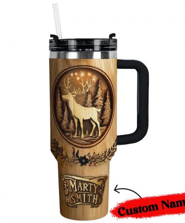 Reindeer Woodcut Christmas Custom Stanley Quencher 40oz Stainless Steel Tumbler With Handle